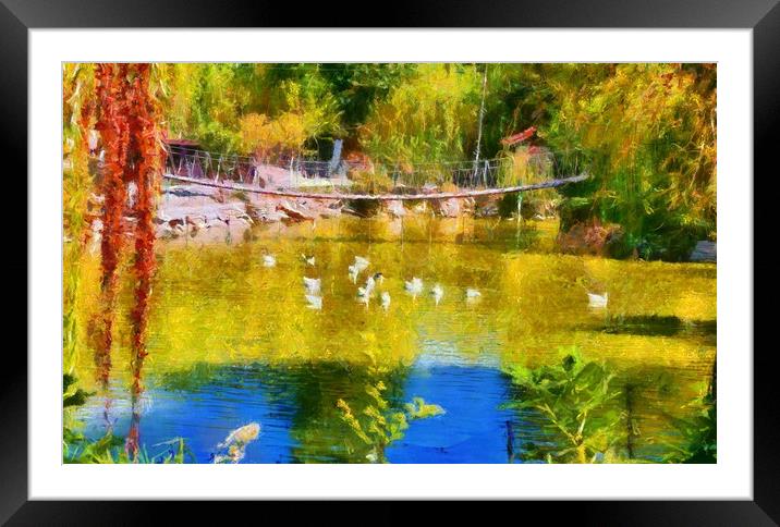 Duck pond and rope bridge digitally painted Framed Mounted Print by ken biggs