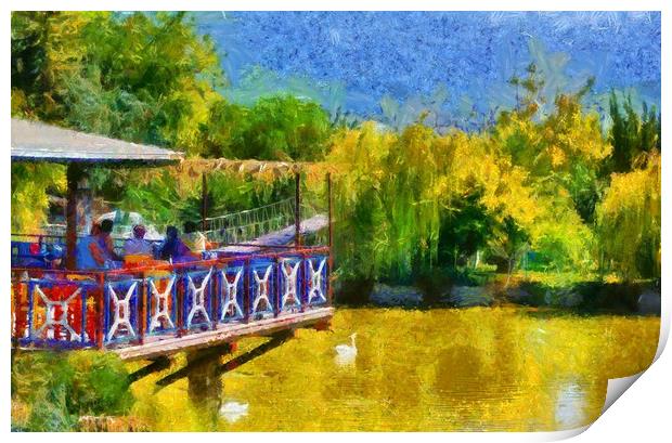 Duck pond and rope bridge digitally painted Print by ken biggs