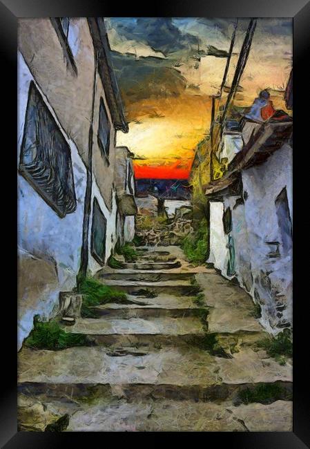 A digital painting of the colorful back streets of Framed Print by ken biggs