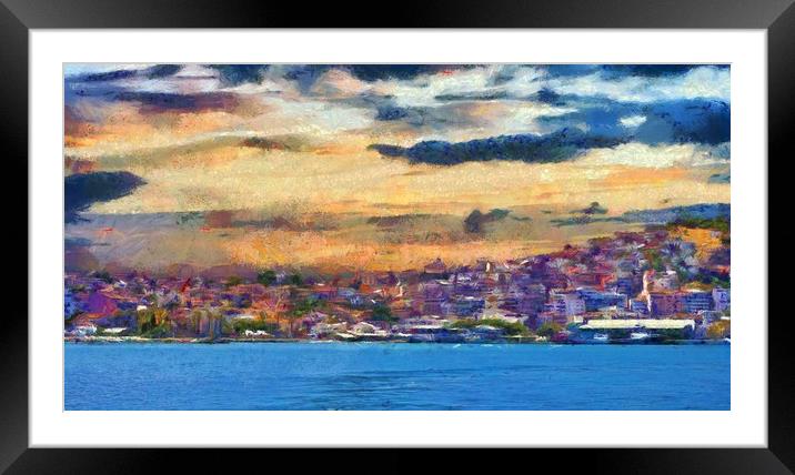 A digital painting of Kusadasi harbor Turkey Framed Mounted Print by ken biggs