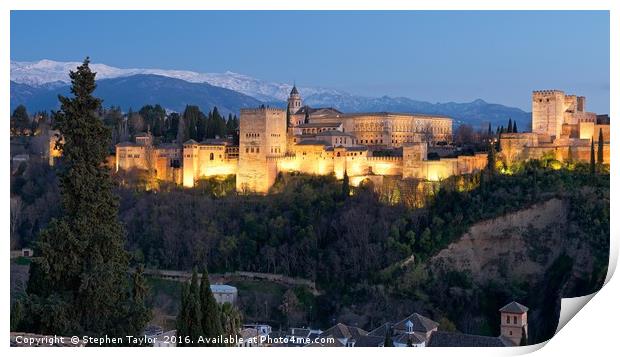 The Alhambra Palace at night Print by Stephen Taylor