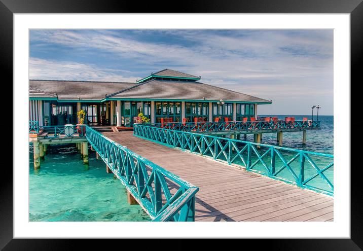 Restaurant over water in Maldives Framed Mounted Print by Jenny Rainbow