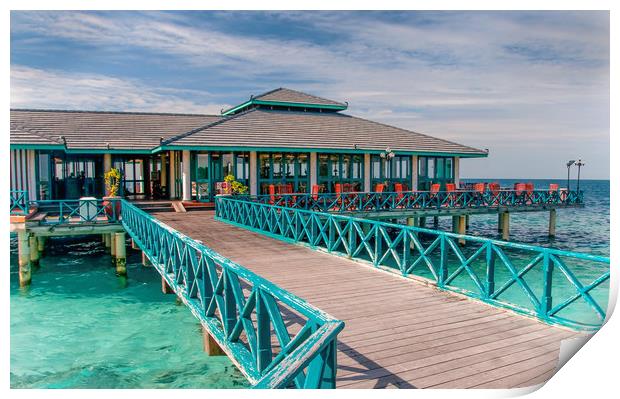 Restaurant over water in Maldives Print by Jenny Rainbow
