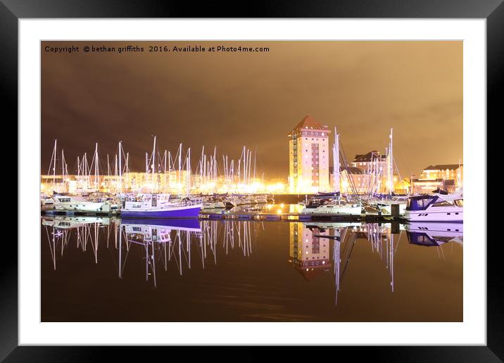 Swansea Marina Night Reflections Framed Mounted Print by bethan griffiths