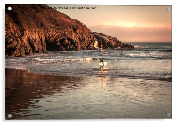 Surfer at Caswell, Swansea Acrylic by bethan griffiths