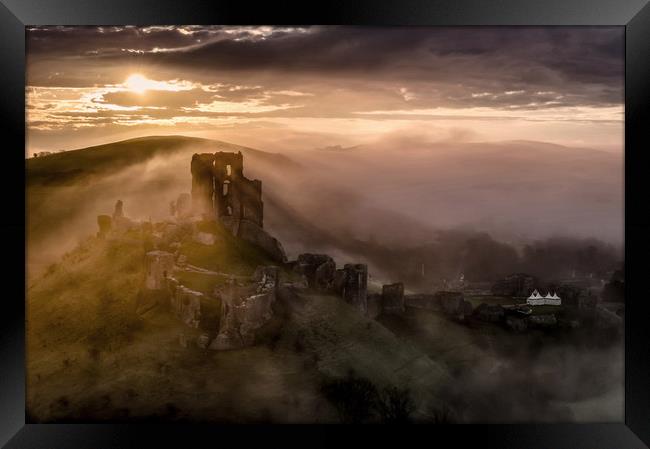 Corfe Castle misty sunrise  Framed Print by Shaun Jacobs