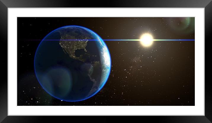 US cities in the night from space, with sun flare Framed Mounted Print by HQ Photo