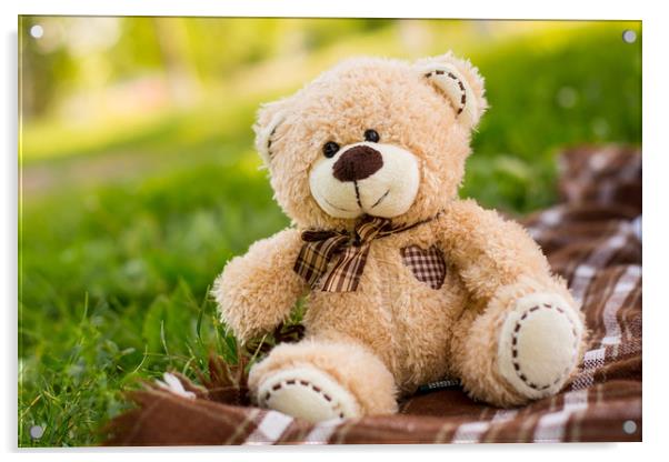 teddy bear on the green grass Acrylic by Gaukhar Yerk