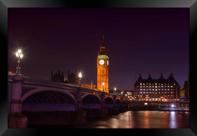 Big Ben, Westminster Bridge and The Thames at nigh Framed Print by Andrew Scott