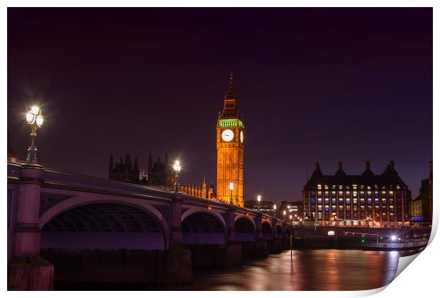 Big Ben, Westminster Bridge and The Thames at nigh Print by Andrew Scott
