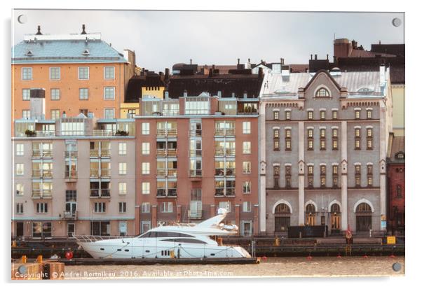 Yacht moored in North Harbour in Helsinki, Finland Acrylic by Andrei Bortnikau