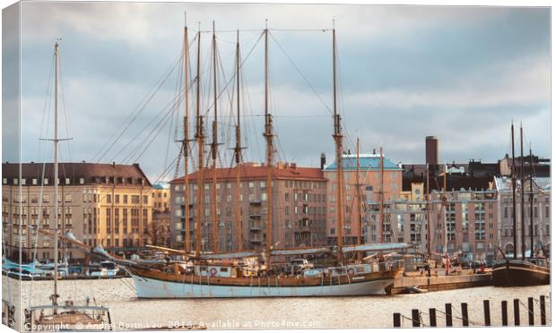 Sailboat moored in North Harbour in Helsinki Canvas Print by Andrei Bortnikau