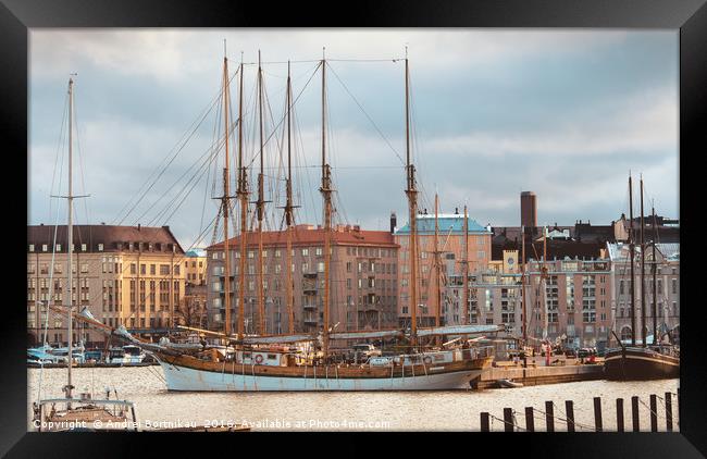 Sailboat moored in North Harbour in Helsinki Framed Print by Andrei Bortnikau