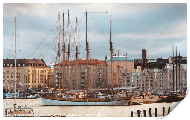 Sailboat moored in North Harbour in Helsinki Print by Andrei Bortnikau