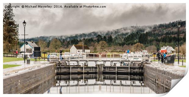 Locks at Fort Augustus in the mist Print by Michael Moverley