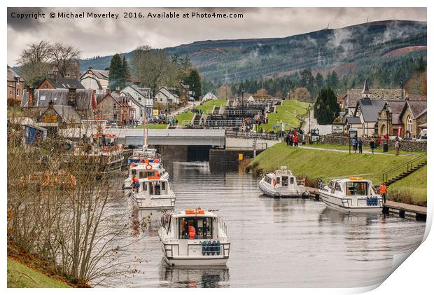 Locks at Fort Augustus in the mist Print by Michael Moverley