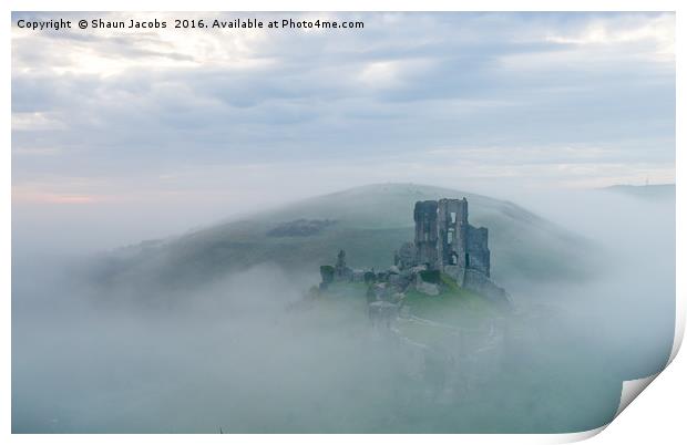 Corfe castle in the mist Print by Shaun Jacobs