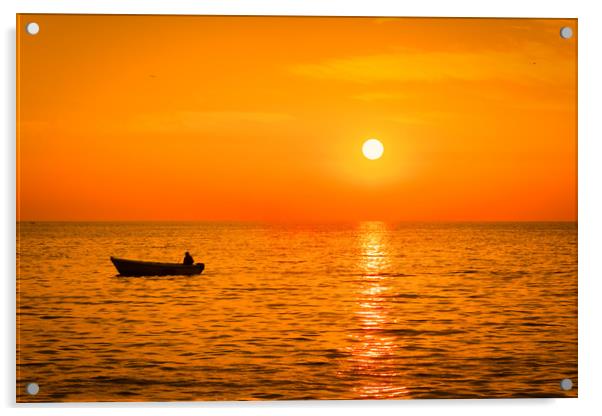 Sea sunset with a fishermans boat silhouette. Acrylic by Tartalja 