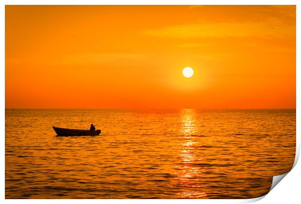 Sea sunset with a fishermans boat silhouette. Print by Tartalja 