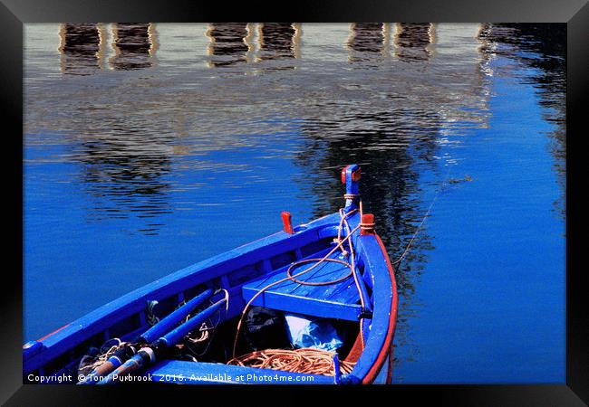 Blue and red rowing boat Framed Print by Tony Purbrook