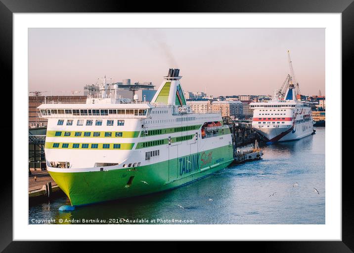 Ferries in passenger port Lansiterminaali in Helsi Framed Mounted Print by Andrei Bortnikau