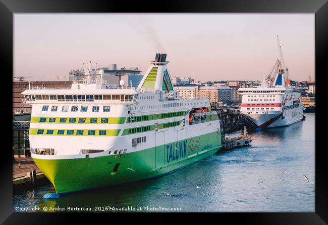 Ferries in passenger port Lansiterminaali in Helsi Framed Print by Andrei Bortnikau