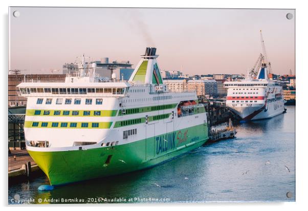 Ferries in passenger port Lansiterminaali in Helsi Acrylic by Andrei Bortnikau
