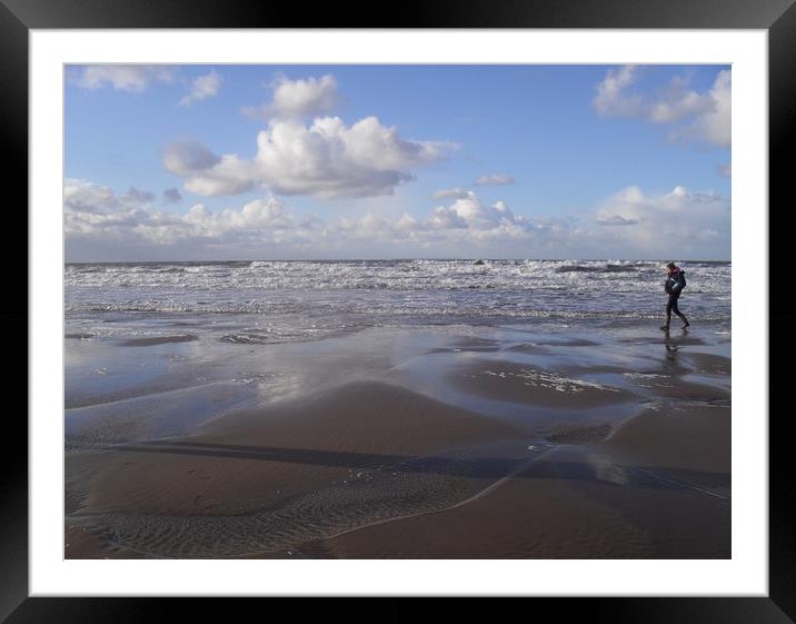 Lonely Walker on the Beach Framed Mounted Print by patricia cannock