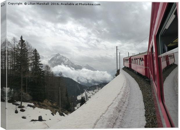 Bernina Train in the Swiss Alps. Canvas Print by Lilian Marshall