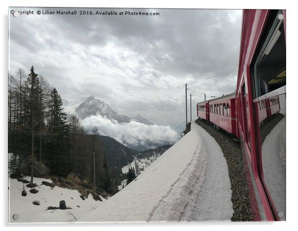 Bernina Train in the Swiss Alps. Acrylic by Lilian Marshall