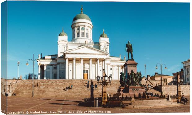 Senate Square in Helsinki. Cathedral and a monumen Canvas Print by Andrei Bortnikau