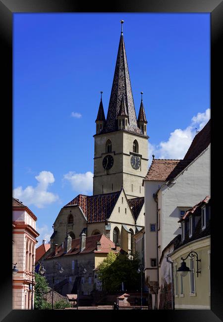 Evangelical Cathedral Sibiu Romania tower with blu Framed Print by Adrian Bud