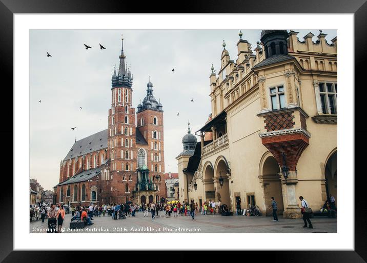 St. Mary's Church and sukiennice museum in Krakow Framed Mounted Print by Andrei Bortnikau