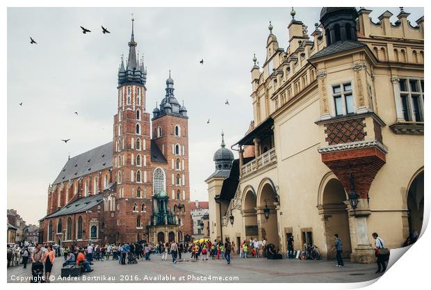St. Mary's Church and sukiennice museum in Krakow Print by Andrei Bortnikau