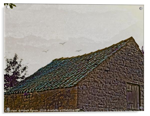 Birds over old Yorkshire roof abstract. Acrylic by Robert Gipson