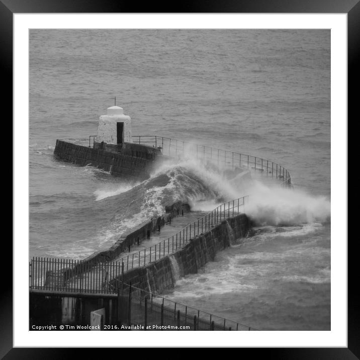 Portreath Pier taking a battering Framed Mounted Print by Tim Woolcock