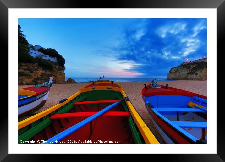 Colorful fishing boats at Carvoeiro beach at the A Framed Mounted Print by Thomas Herzog