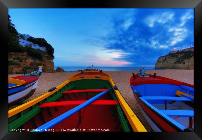Colorful fishing boats at Carvoeiro beach at the A Framed Print by Thomas Herzog