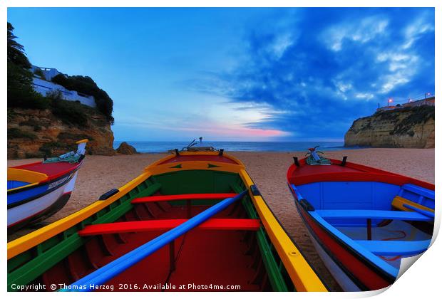 Colorful fishing boats at Carvoeiro beach at the A Print by Thomas Herzog