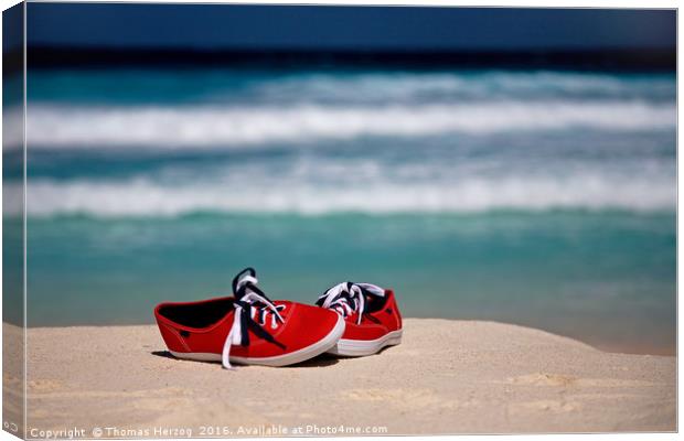 Red Sneakers at the Beach Canvas Print by Thomas Herzog