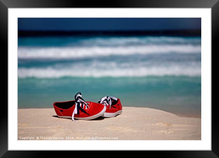 Red Sneakers at the Beach Framed Mounted Print by Thomas Herzog