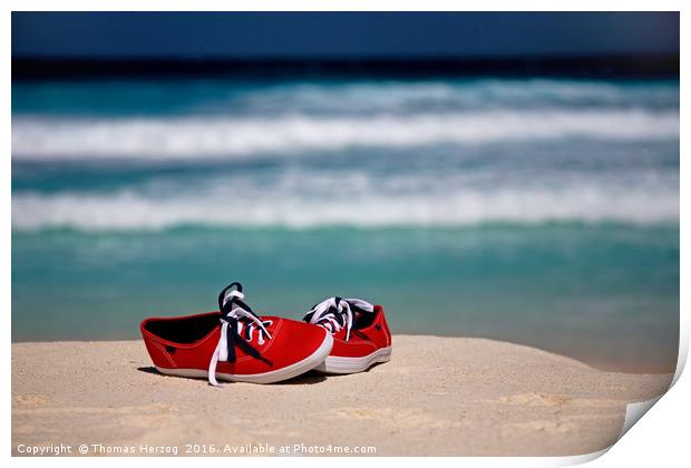 Red Sneakers at the Beach Print by Thomas Herzog