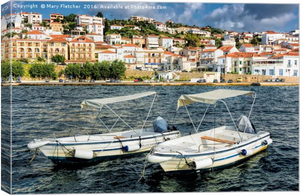 Boats for Hire, Pylos Canvas Print by Mary Fletcher
