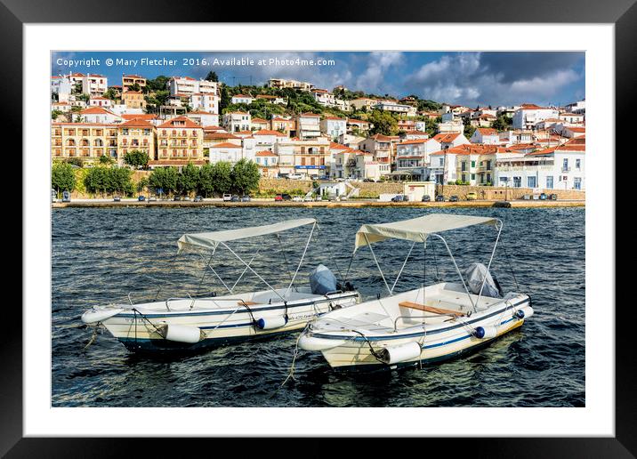Boats for Hire, Pylos Framed Mounted Print by Mary Fletcher
