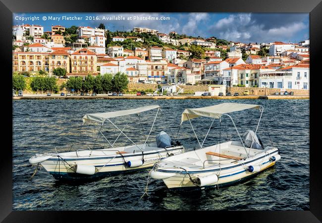 Boats for Hire, Pylos Framed Print by Mary Fletcher