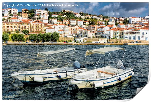 Boats for Hire, Pylos Print by Mary Fletcher
