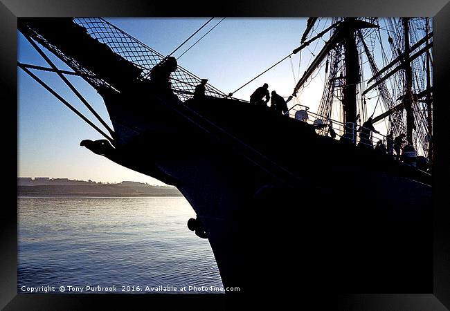 Sihouetted Sailing ship Framed Print by Tony Purbrook