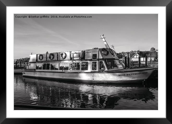 Black and white boat on Lake Windermere Framed Mounted Print by bethan griffiths