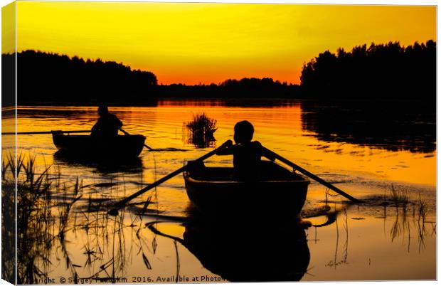 Boats on the sunset, Valday lake. Russia. Canvas Print by Sergey Fedoskin