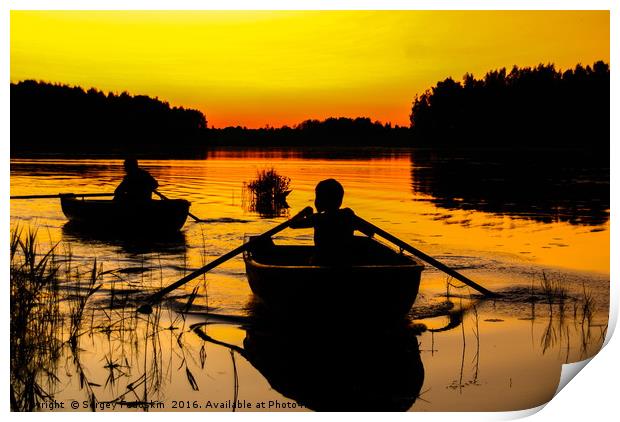 Boats on the sunset, Valday lake. Russia. Print by Sergey Fedoskin